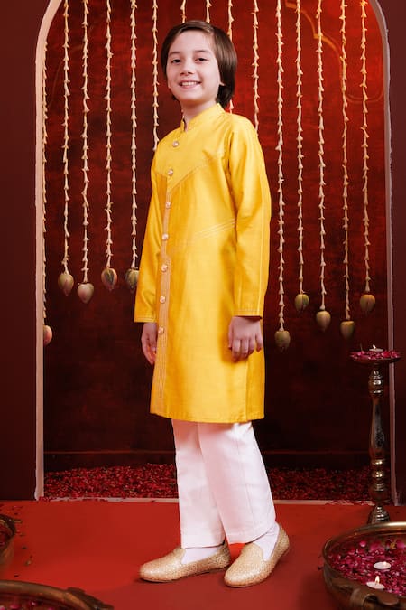 Buy_Hoity Moppet_Yellow Silk Embroidery, Studs Surya Kurta Set _Online_at_Aza_Fashions