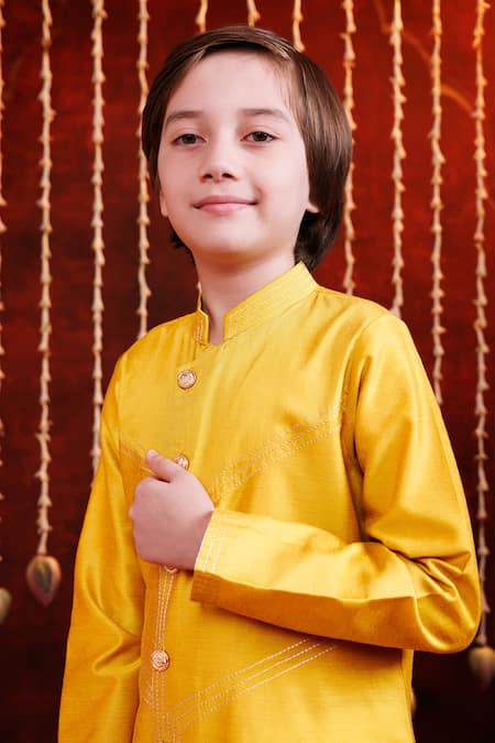 Shop_Hoity Moppet_Yellow Silk Embroidery, Studs Surya Kurta Set _Online_at_Aza_Fashions