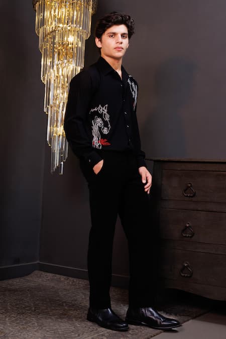Buy_Hoity Moppet_Black Crepe Embroidery Raven Horse Shirt _Online_at_Aza_Fashions