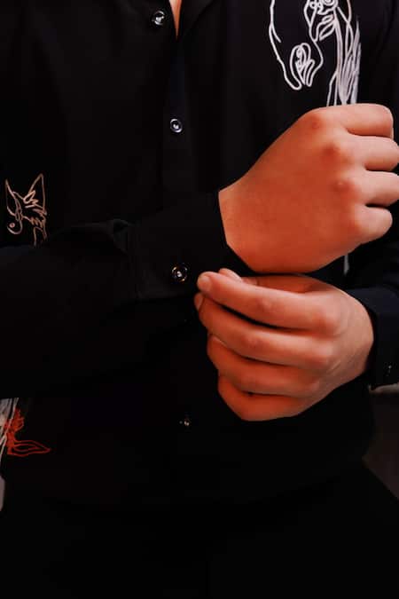 Shop_Hoity Moppet_Black Crepe Embroidery Raven Horse Shirt _Online_at_Aza_Fashions