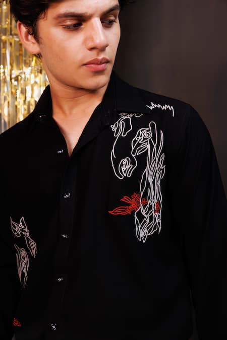 Hoity Moppet_Black Crepe Embroidery Raven Horse Shirt _at_Aza_Fashions