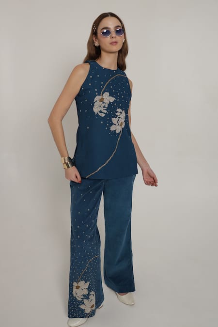 Shagufta Floral Embroidered Halter Top & Pant Set 