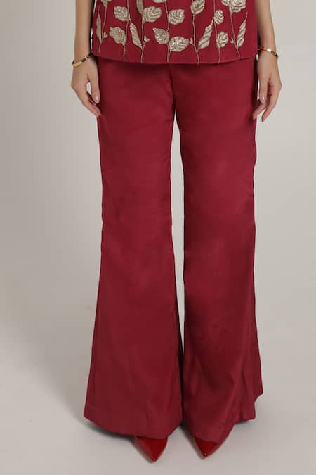 Shop_Shagufta_Pink Crepe Embroidery Round Neck Leaf Motif Top And Pant Set _Online_at_Aza_Fashions