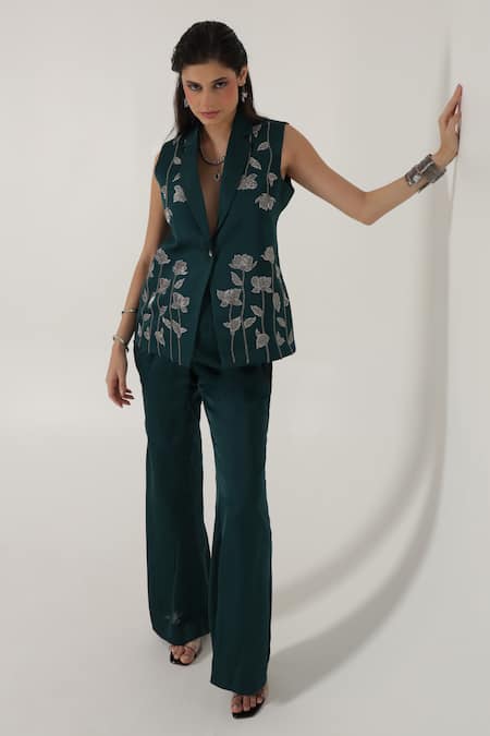 Shagufta Floral Bead Embroidered Jacket Pant Set 