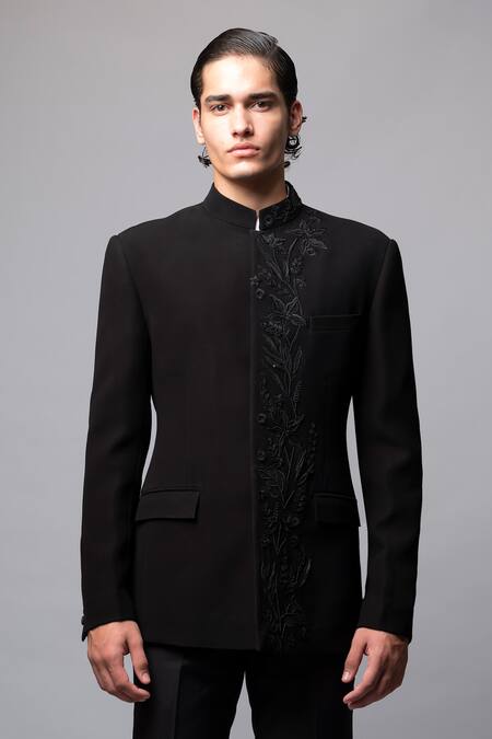 Vivek Patel_Black Crepe Embroidery Silva Floral Bandhgala And Trouser Set _Online_at_Aza_Fashions