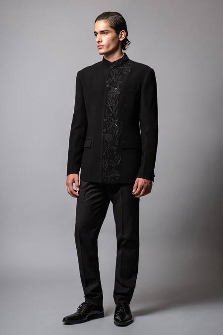 Buy_Vivek Patel_Black Crepe Embroidery Silva Floral Bandhgala And Trouser Set _Online_at_Aza_Fashions