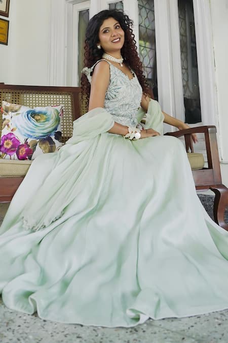 Buy Shreeka Green Georgette, Silk Satin, Organza, Net Crystals, Floral Kurta Skirt Set Buy_Shreeka_Green Georgette, Silk Satin, Organza, Net Crystals, Floral Kurta Skirt Set