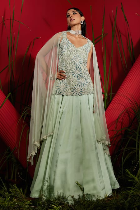 Shop Shreeka Green Georgette, Silk Satin, Organza, Net Crystals, Floral Kurta Skirt Set Shop_Shreeka_Green Georgette, Silk Satin, Organza, Net Crystals, Floral Kurta Skirt Set