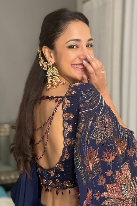 Shop_Shreeka_Blue Georgette, Satin, Silk Sequins, Embroidered Blouse With Pre-draped Saree _Online_at_Aza_Fashions