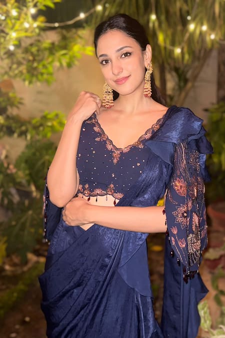 Shreeka_Blue Georgette, Satin, Silk Sequins, Embroidered Blouse With Pre-draped Saree _at_Aza_Fashions