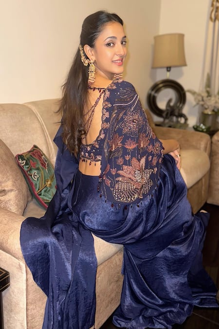 Shop_Shreeka_Blue Georgette, Satin, Silk Sequins, Embroidered Blouse With Pre-draped Saree 