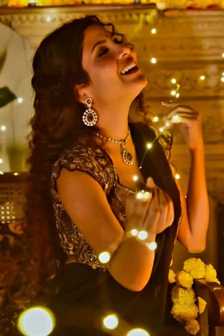 Shreeka_Black Georgette, Crepe, Tissue Embellished Scalloped Pant Saree With Blouse _at_Aza_Fashions