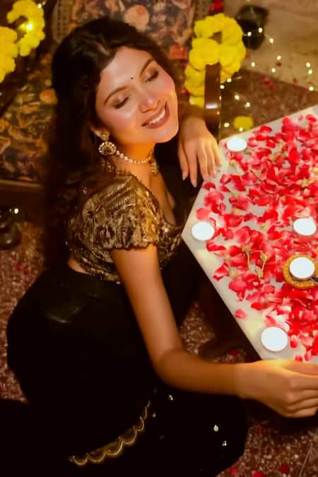 Shop_Shreeka_Black Georgette, Crepe, Tissue Embellished Scalloped Pant Saree With Blouse 