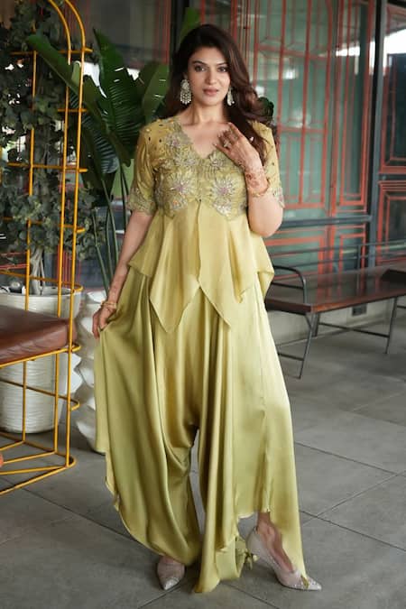 Shreeka Green Modal, Satin, Dapka Embroidered Asymmetric Peplum Kurta With Flowy Pant