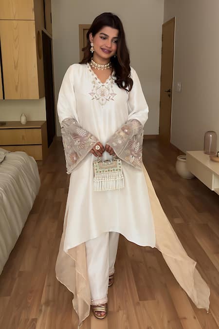 Shreeka_Ivory Organza, Silk, Linen Placed Embroidered Asymmetric Kaftan With Pant _at_Aza_Fashions