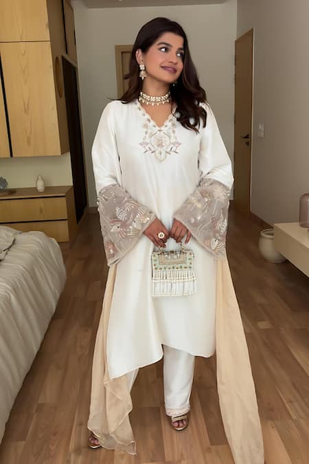Buy_Shreeka_Ivory Organza, Silk, Linen Placed Embroidered Asymmetric Kaftan With Pant 