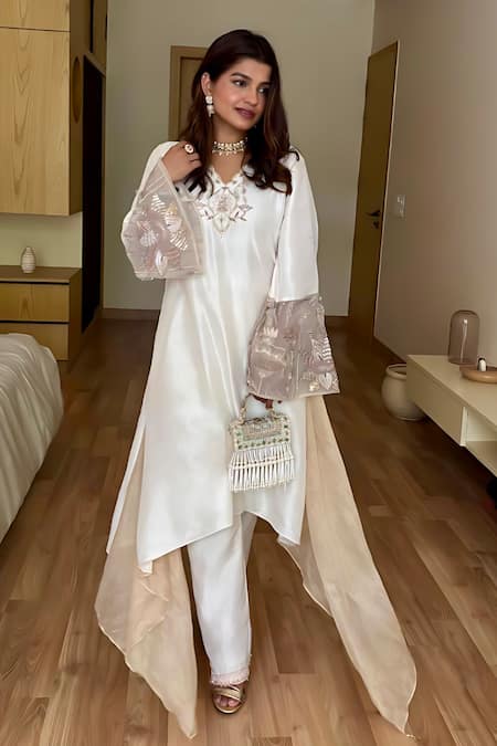 Shop_Shreeka_Ivory Organza, Silk, Linen Placed Embroidered Asymmetric Kaftan With Pant 