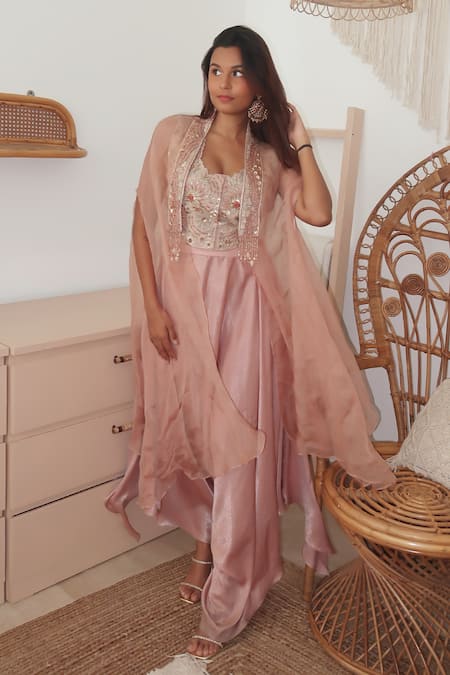 Shreeka Floral Applique Embroidered Cape Flowy Pant Set