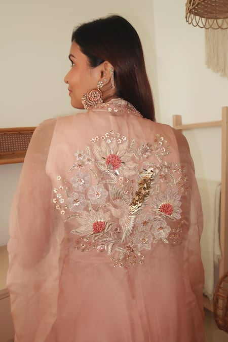 Buy_Shreeka_Pink Silk Satin, Linen Pearls, Floral Applique Embroidered Cape Flowy Pant Set 