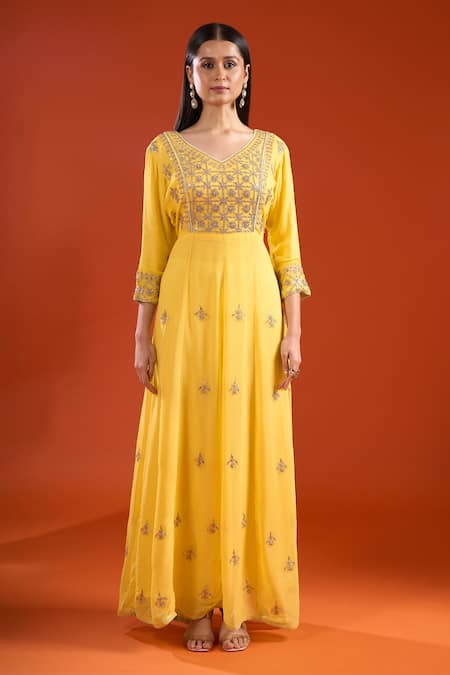 Shop_Samyukta Singhania_Yellow Georgette Embroidery, Zari, Sequins V-neck Hand Anarklai With Dupatta _Online_at_Aza_Fashions