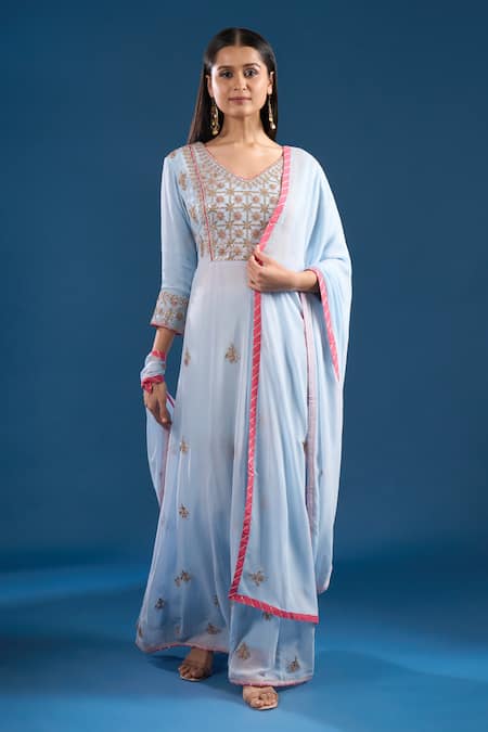 Shop_Samyukta Singhania_Purple Georgette Zari, Embroidery V-neck Zardozi Hand Anarklai With Dupatta _Online_at_Aza_Fashions