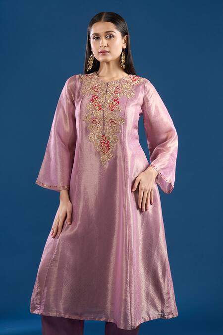 Samyukta Singhania_Peach Tissue Embroidery, Zari Round Neck, Split Shimmer Anarkali And Salwar Set _Online_at_Aza_Fashions