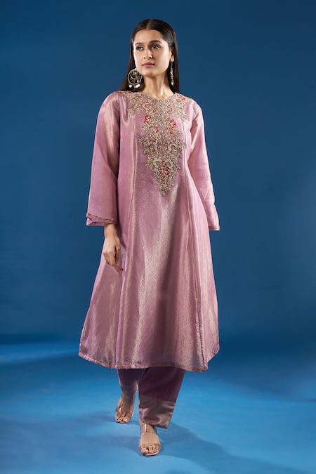 Buy_Samyukta Singhania_Peach Tissue Embroidery, Zari Round Neck, Split Shimmer Anarkali And Salwar Set _Online_at_Aza_Fashions