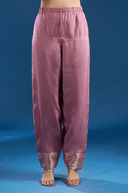 Samyukta Singhania_Peach Tissue Embroidery, Zari Round Neck, Split Shimmer Anarkali And Salwar Set _at_Aza_Fashions