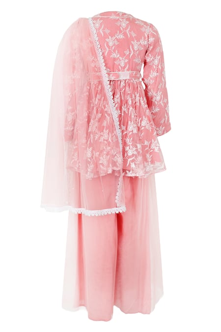 Rang By Les Petits Rang Pink Floral Embroidered Peplum Kurta Set 
