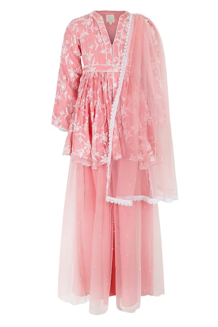 Rang By Les Petits Rang Pink Floral Embroidered Peplum Kurta Set 