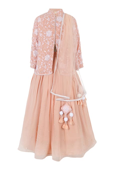Rang By Les Petits Rang Peach Floral Vines Jacket Lehenga Set 