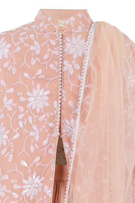 Rang By Les Petits_Peach Polyester Embroidery, Sequins, Rang Floral Vines Jacket Lehenga Set _Online_at_Aza_Fashions