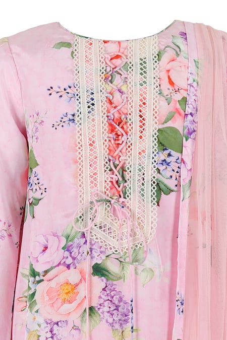 Rang By Les Petits_Pink Polyester, Net Lace Rang Corsage Printed Kurta Pyjama Set _Online_at_Aza_Fashions