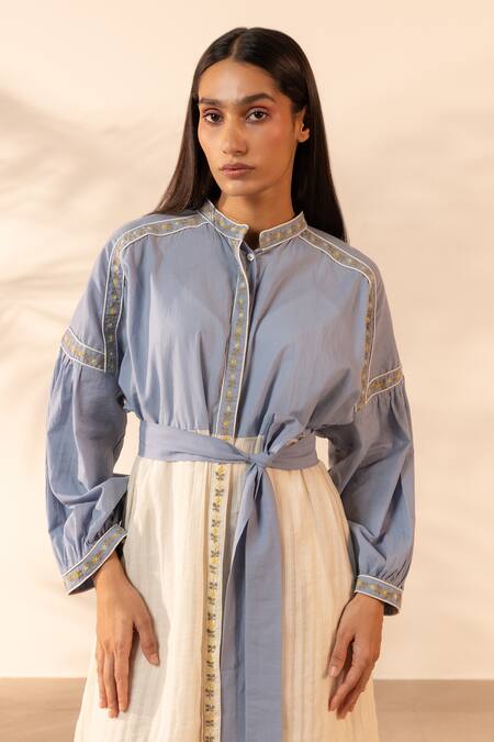 Buy OurDve Blue Cotton Embroidery Mandarin Collar, Button-down Neck Citrus Glow Dress Online at Aza Fashions Buy_OurDve_Blue Cotton Embroidery Mandarin Collar, Button-down Neck Citrus Glow Dress _Online_at_Aza_Fashions