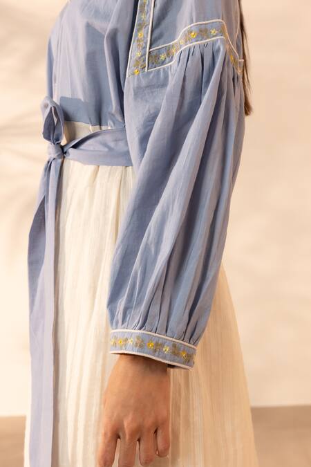 Shop OurDve Blue Cotton Embroidery Mandarin Collar, Button-down Neck Citrus Glow Dress Online at Aza Fashions Shop_OurDve_Blue Cotton Embroidery Mandarin Collar, Button-down Neck Citrus Glow Dress _Online_at_Aza_Fashions