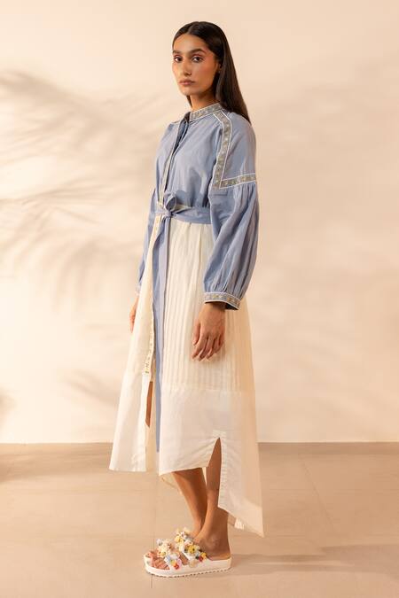 Buy OurDve Blue Cotton Embroidery Mandarin Collar, Button-down Neck Citrus Glow Dress Buy_OurDve_Blue Cotton Embroidery Mandarin Collar, Button-down Neck Citrus Glow Dress