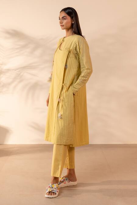 Buy OurDve Yellow Cotton Applique, Tassels, Beads Round Neck, Honeydew Striped Kurta Online at Aza Fashions Buy_OurDve_Yellow Cotton Applique, Tassels, Beads Round Neck, Honeydew Striped Kurta _Online_at_Aza_Fashions