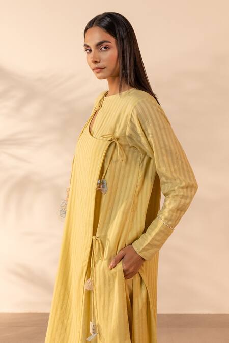 OurDve Yellow Cotton Applique, Tassels, Beads Round Neck, Honeydew Striped Kurta at Aza Fashions OurDve_Yellow Cotton Applique, Tassels, Beads Round Neck, Honeydew Striped Kurta _at_Aza_Fashions