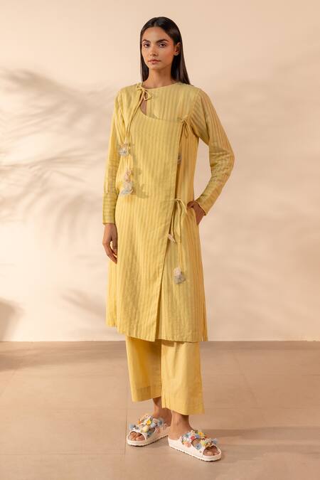 Buy OurDve Yellow Cotton Applique, Tassels, Beads Round Neck, Honeydew Striped Kurta Buy_OurDve_Yellow Cotton Applique, Tassels, Beads Round Neck, Honeydew Striped Kurta