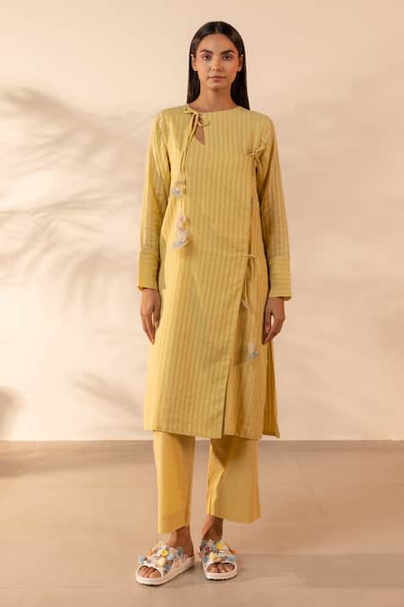 Buy OurDve Yellow Cotton Applique, Beads, Tassels, Embroidery Honeydew Kurta And Pant Set Online at Aza Fashions Buy_OurDve_Yellow Cotton Applique, Beads, Tassels, Embroidery Honeydew Kurta And Pant Set _Online_at_Aza_Fashions