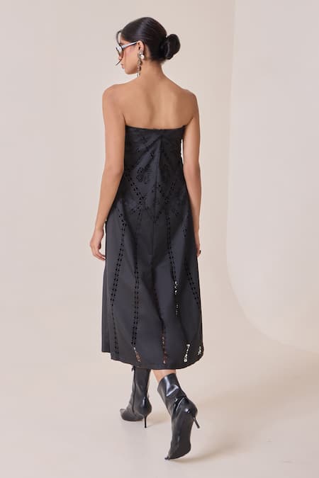 Needleten Geometric Cutwork Strapless Midi Dress 
