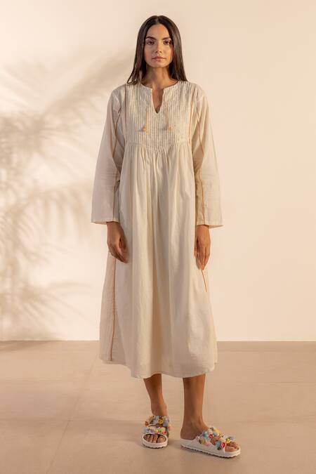 OurDve_Beige Cotton Beads, Sequins, Embroidery Split V-neck Sun Petal Dress _Online_at_Aza_Fashions