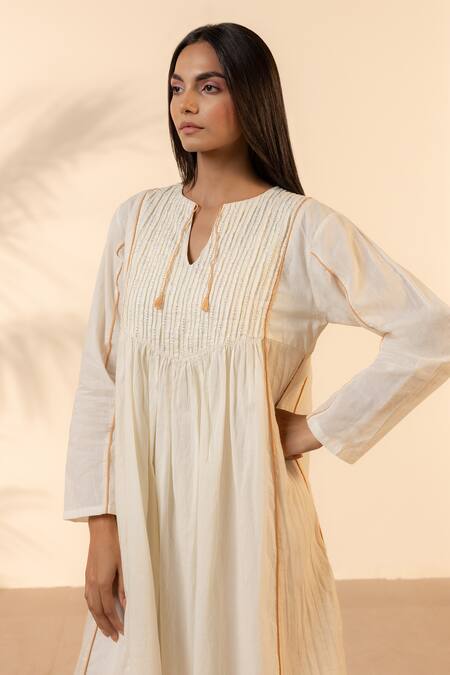 Shop_OurDve_Beige Cotton Beads, Sequins, Embroidery Split V-neck Sun Petal Dress _Online_at_Aza_Fashions