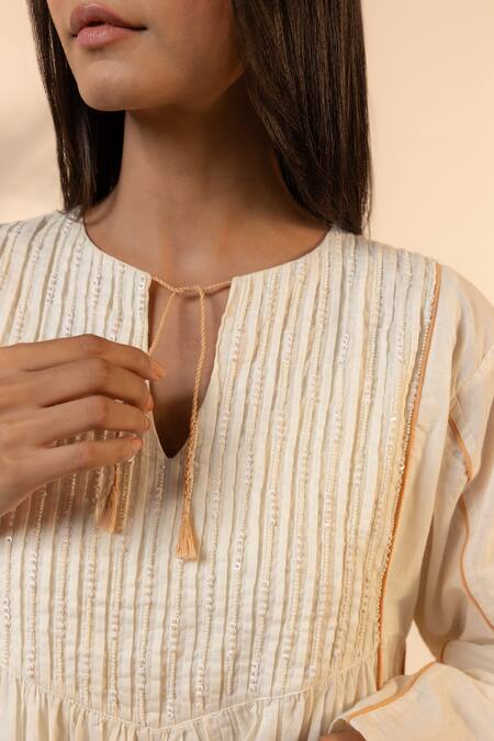 Shop_OurDve_Beige Cotton Beads, Sequins, Embroidery Split V-neck Sun Petal Dress 