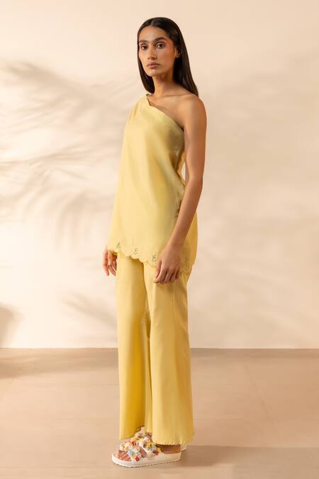 Buy_OurDve_Yellow Cotton Embroidery One Shoulder Coral Kiss Top _Online_at_Aza_Fashions