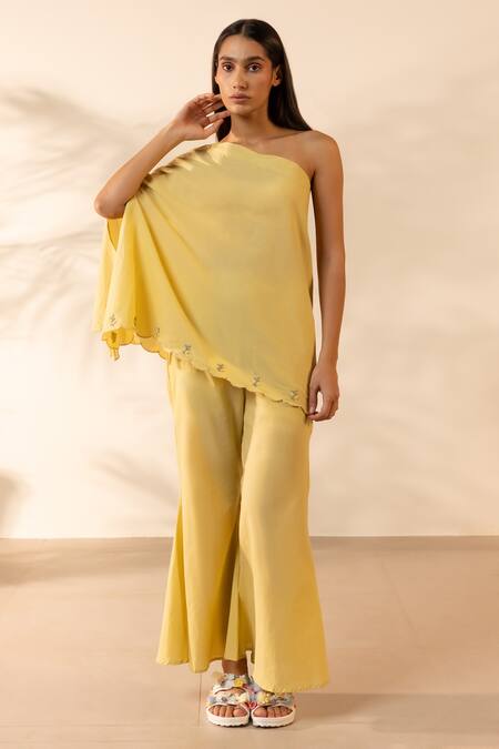 OurDve_Yellow Cotton Embroidery One Shoulder Coral Kiss Top _at_Aza_Fashions