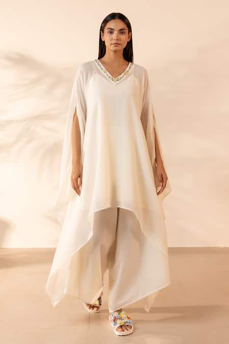 OurDve Beige Cotton Embroidery, Beads V-neck Lemon Drop Kaftan And Pant Set Online at Aza Fashions OurDve_Beige Cotton Embroidery, Beads V-neck Lemon Drop Kaftan And Pant Set _Online_at_Aza_Fashions