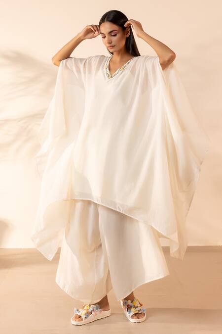 Buy OurDve Beige Cotton Embroidery, Beads V-neck Lemon Drop Kaftan And Pant Set Online at Aza Fashions Buy_OurDve_Beige Cotton Embroidery, Beads V-neck Lemon Drop Kaftan And Pant Set _Online_at_Aza_Fashions