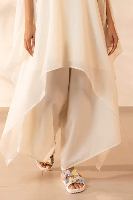 OurDve Beige Cotton Embroidery, Beads V-neck Lemon Drop Kaftan And Pant Set at Aza Fashions OurDve_Beige Cotton Embroidery, Beads V-neck Lemon Drop Kaftan And Pant Set _at_Aza_Fashions