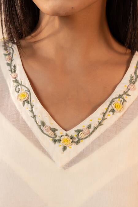 Buy OurDve Beige Cotton Embroidery, Beads V-neck Lemon Drop Kaftan And Pant Set Buy_OurDve_Beige Cotton Embroidery, Beads V-neck Lemon Drop Kaftan And Pant Set